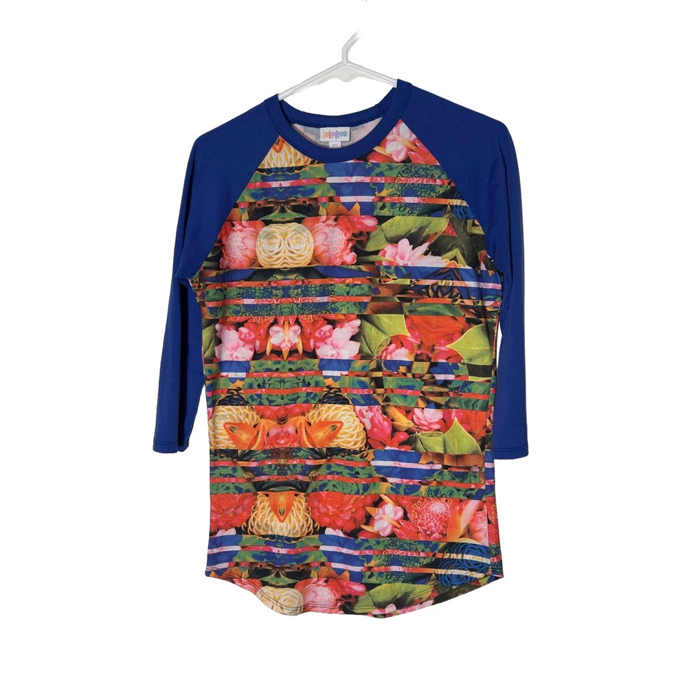 LuLaRoe Randy Baseball Tee XS‎ Blue Floral Striped Raglan 3/4 Sleeve Top